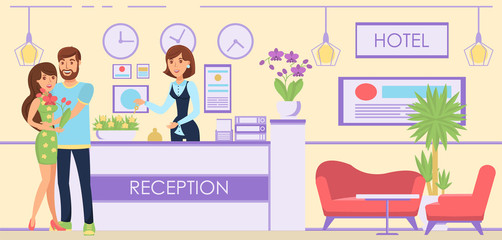 Boy and Girl Accommodated in Hotel. Vector.