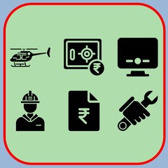 Simple 6 icon set of business related file, helicopter, engineer and repair vector icons. Collection Illustration
