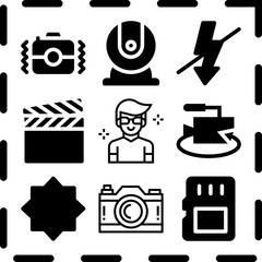 Simple 9 icon set of camera related [iconsRandom:4] vector icons. Collection Illustration