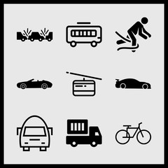 Simple 9 icon set of car related cable car, cabrio car, accident and delivery truck vector icons. Collection Illustration