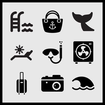 Simple 9 set of Summer related electric fan, holiday photographs, wave and diving mask and tube vector icons