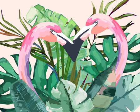 Summer frame with tropical jungle leaves and pink flamingo.Vector aloha illustration. Watercolor style