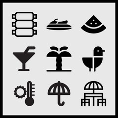 Simple 9 set of Summer related summer temperature, ribs, sun umbrella and table vector icons