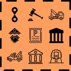 Simple 9 icon set of legal related loan, handcuff, tow truck and parking ticket vector icons. Collection Illustration