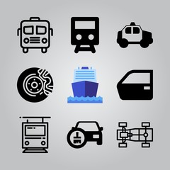Simple 9 icon set of transport related tram, bus, car and chassis vector icons. Collection Illustration