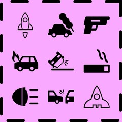 Simple 9 icon set of fire related car crash tree, smoking, gun and car on fire vector icons. Collection Illustration