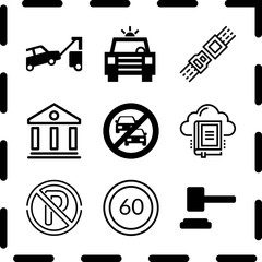 Simple 9 icon set of law related mallet, police car with lights, library and no parking vector icons. Collection Illustration