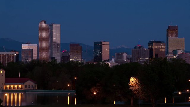 Denver Skyline City Park Smooth Sunrise Time Lapse Pan Right
