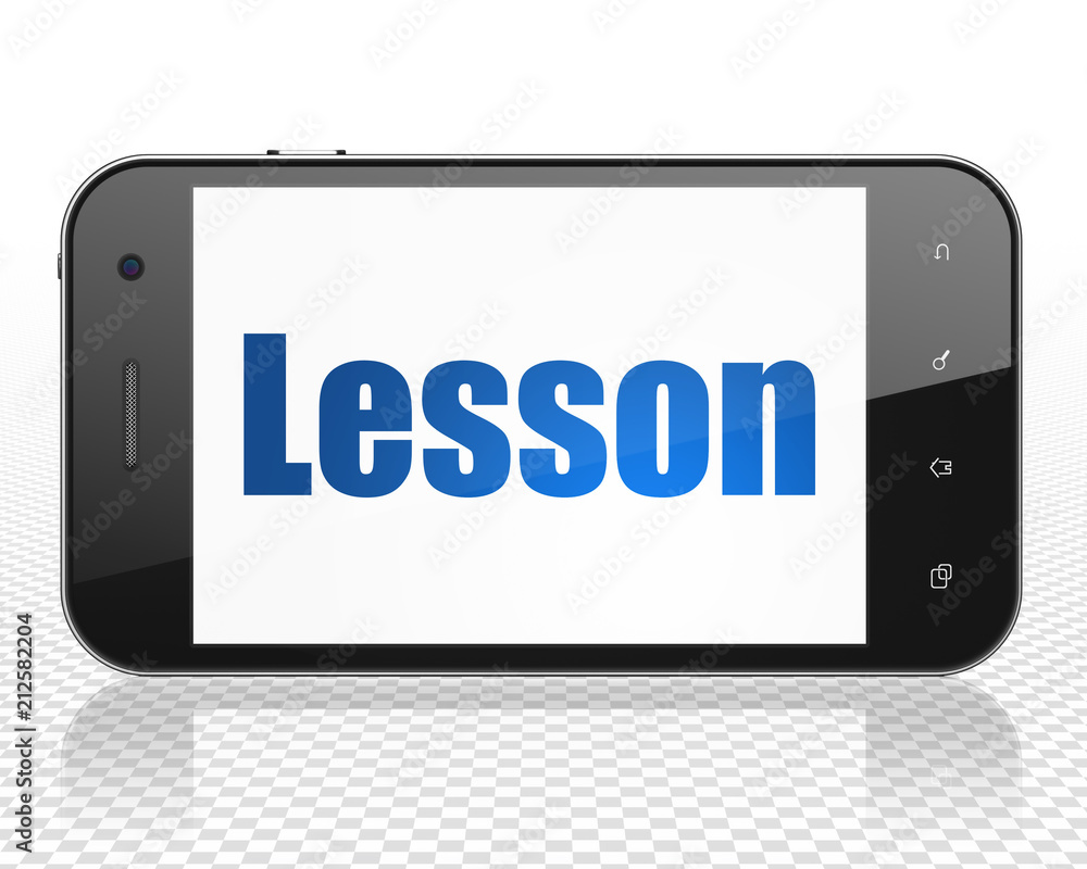 Poster education concept: smartphone with blue text lesson on display, 3d rendering