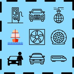 Simple 9 icon set of travel related worldwide, fast train, car and sailing ship vector icons. Collection Illustration