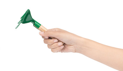 hand holding rake steel isolated on a white background.