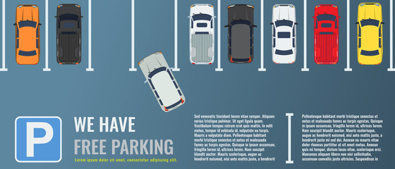 City parking lot with a group of different cars top view. Public car-park. Vector Flat illustration for web or poster banner. - obrazy, fototapety, plakaty