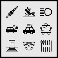 Simple 9 icon set of car related rent a car, train, speedometer and accident vector icons. Collection Illustration