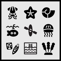 Simple 9 set of Summer related squid, submarine, canoe with rowing and seaweed vector icons