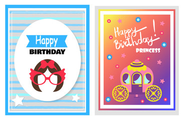 Happy Birthday, Set of Cards Vector Illustration