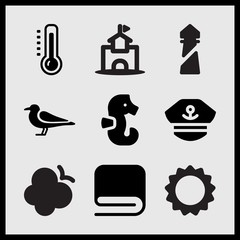 Simple 9 set of Summer related high temperature, towel, flying butterfly and captain vector icons