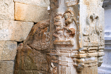 Naklejka premium Carved figures on a pillar, Gomateshwara temple, Vindhyagiri Hill, Shravanbelgola, Karnataka