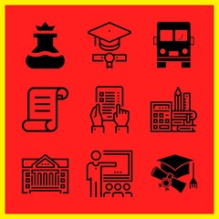 Simple 9 icon set of edication related flask, classroom, learning and school vector icons. Collection Illustration