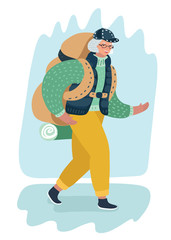 Traveling elderly woman with backpack luggage. 