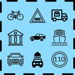 Simple 9 icon set of travel related courthouse, car, railroad and speed limit vector icons. Collection Illustration