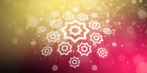 Abstract neon background with bokeh, oriental pattern, magic dust. 3D rendering