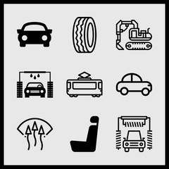 Simple 9 icon set of car related car wash machine, tire, windscreen and sports car vector icons. Collection Illustration