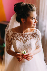 Sensitive side portrait of the beautiful bride holdign the boutonniere and looking aside.