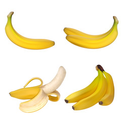 Set of realistic illustration bananas. Banana,half peeled banana,bunch of bananas. 3d vector illustration.