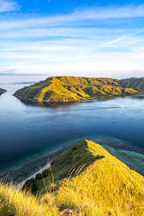 Beautiful View From The Top of Gili Lawa Darat Island in the Evening with Blue Sky and Blue Sea. Komodo National Park, Labuan Bajo, Flores, Indonesia