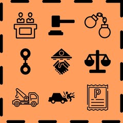 Simple 9 icon set of legal related car run over man, mallet, handcuffs and jury vector icons. Collection Illustration