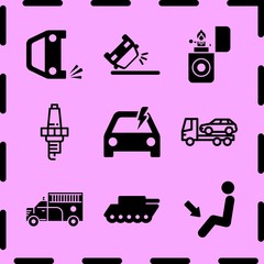 Simple 9 icon set of fire related overturned car, war tank, fire truck and foot heat vector icons. Collection Illustration