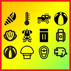 Mushroom, sea shell and inflatable related icons set