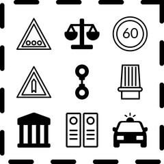 Simple 9 icon set of law related traffic sign, justice, police car and siren vector icons. Collection Illustration