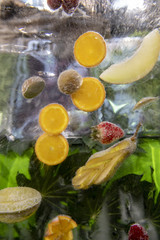 Früchte, die in einem Eisblock eingeschlossen sind.