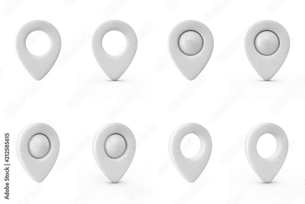 Fototapete 3d rendering set of white map pointer isolated on white background