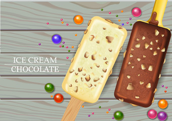 White chocolate and Milk Chocolate ice creams Vector realistic. Product mock up. Label menu dessert designs