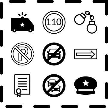 Simple 9 icon set of law related police cap, law, no parking sign and stop car vector icons. Collection Illustration