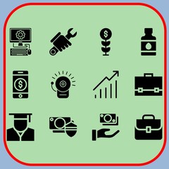 Simple 12 icon set of business related computer, briefcase, profits and money vector icons. Collection Illustration