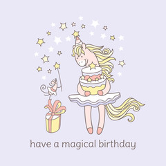 Have a magical birthday. Hand drawn greeting card with cute pony character.