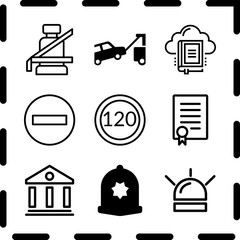 Simple 9 icon set of law related speed limit, police cap, law and siren vector icons. Collection Illustration