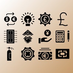 Exchange, lightbulb and project management related premium icon set