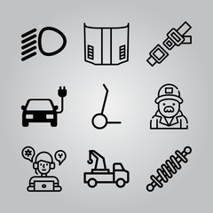 Simple 9 icon set of electronics related car, crane, call center and shock absorber vector icons. Collection Illustration