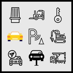 Simple 9 icon set of car related excavator, car key, siren and car vector icons. Collection Illustration