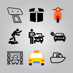 Simple 9 icon set of transport related accident, box, motorbike and ship vector icons. Collection Illustration