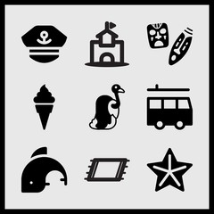 Simple 9 set of Summer related starfish, mask, ice cream cone and dolphin vector icons