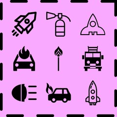 Simple 9 icon set of fire related match, fire extinguisher, car beacon on and rocket outlined space ship vector icons. Collection Illustration