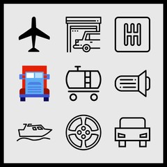 Simple 9 icon set of car related transmission, gearbox, boat outline and car outline frontal view vector icons. Collection Illustration