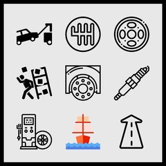 Simple 9 icon set of car related sailing ship, gearbox, tire and towed car vector icons. Collection Illustration