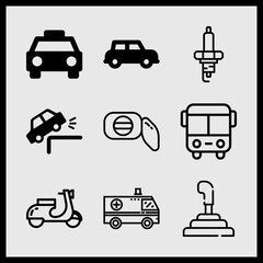 Simple 9 icon set of car related gearshift, automobile, car and spark plug vector icons. Collection Illustration