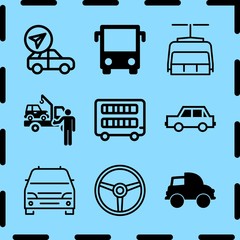 Simple 9 icon set of travel related chairlift, bus, bus front view and rectangular car vector icons. Collection Illustration